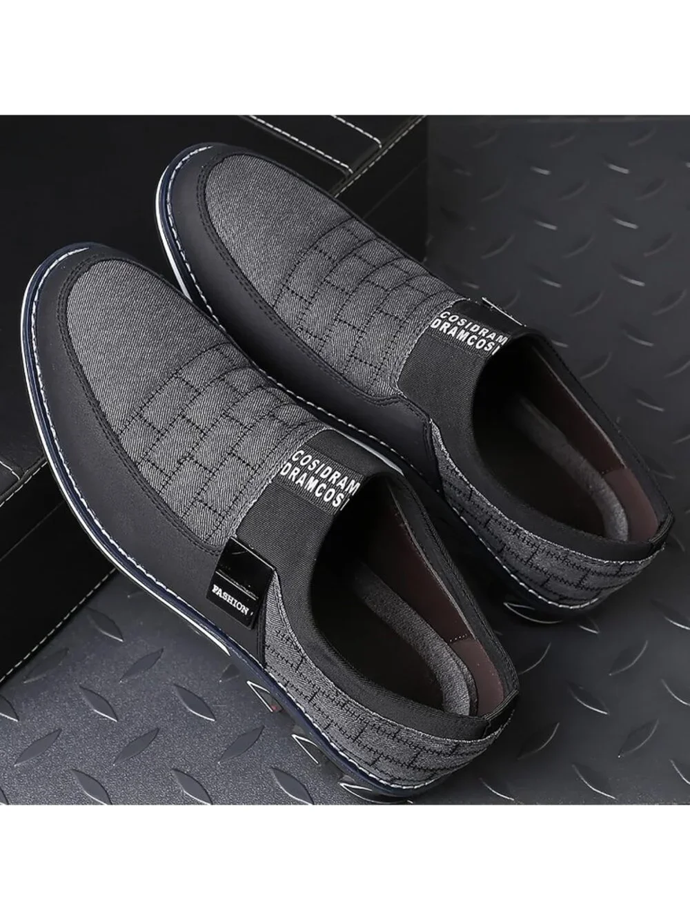 Men's Black & Grey Grid Textured Two-tone Flexible Derby Oxfords Dress Sneakers
